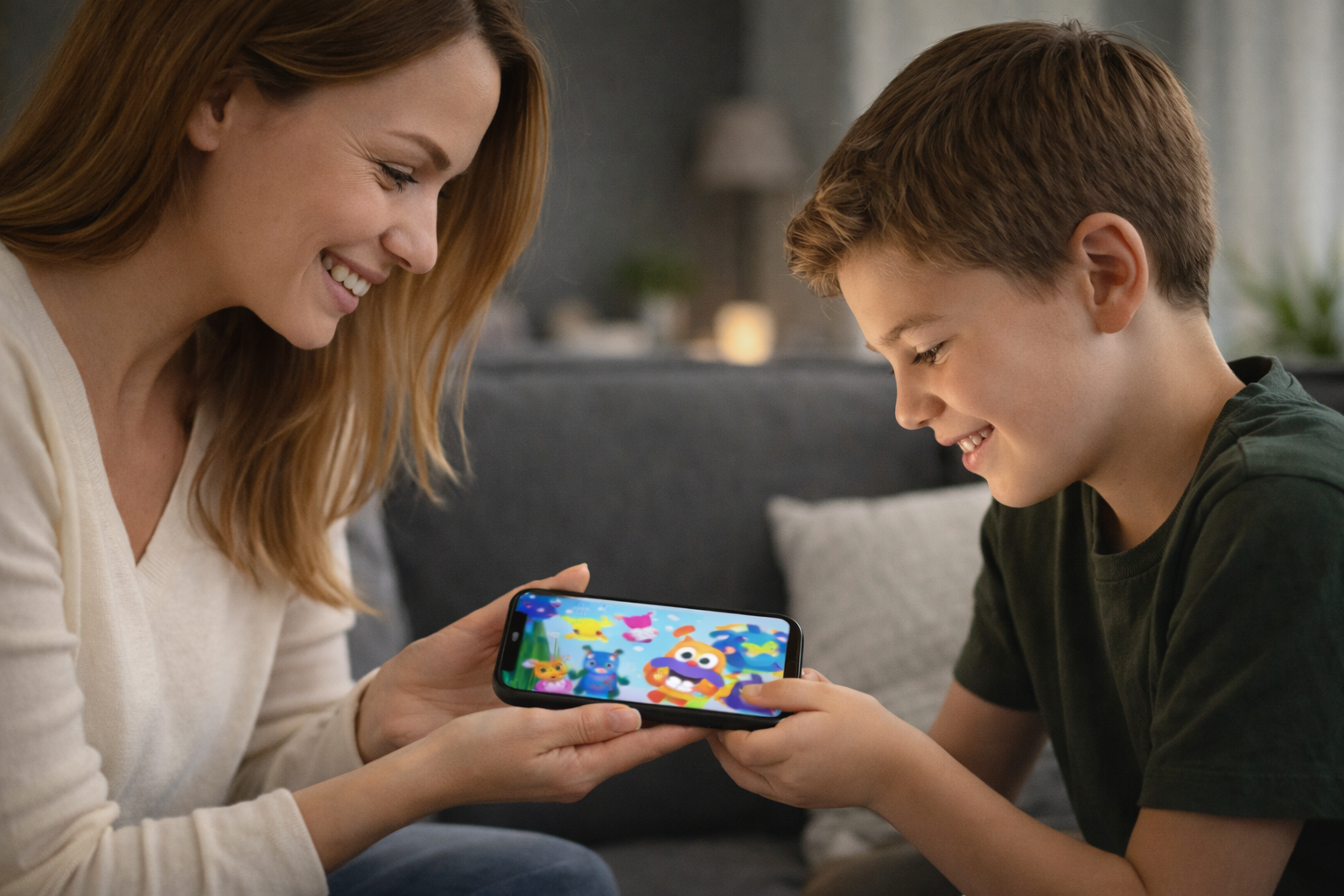 Mãe entregando celular com desenhos para criança